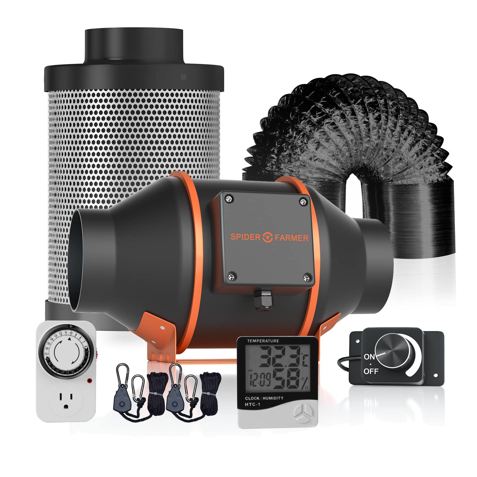 Spider Farmer 4-Inch 205 CFM Inline Fan with Speed Controller, Carbon Filter & Ducting Combo